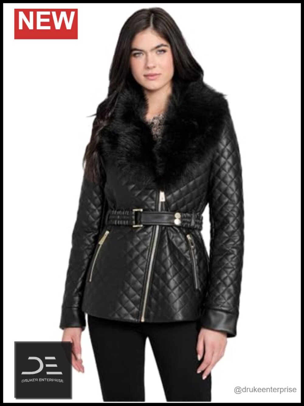 Quilted Faux Leather Moto Jacket with Removable Faux Fur Collar